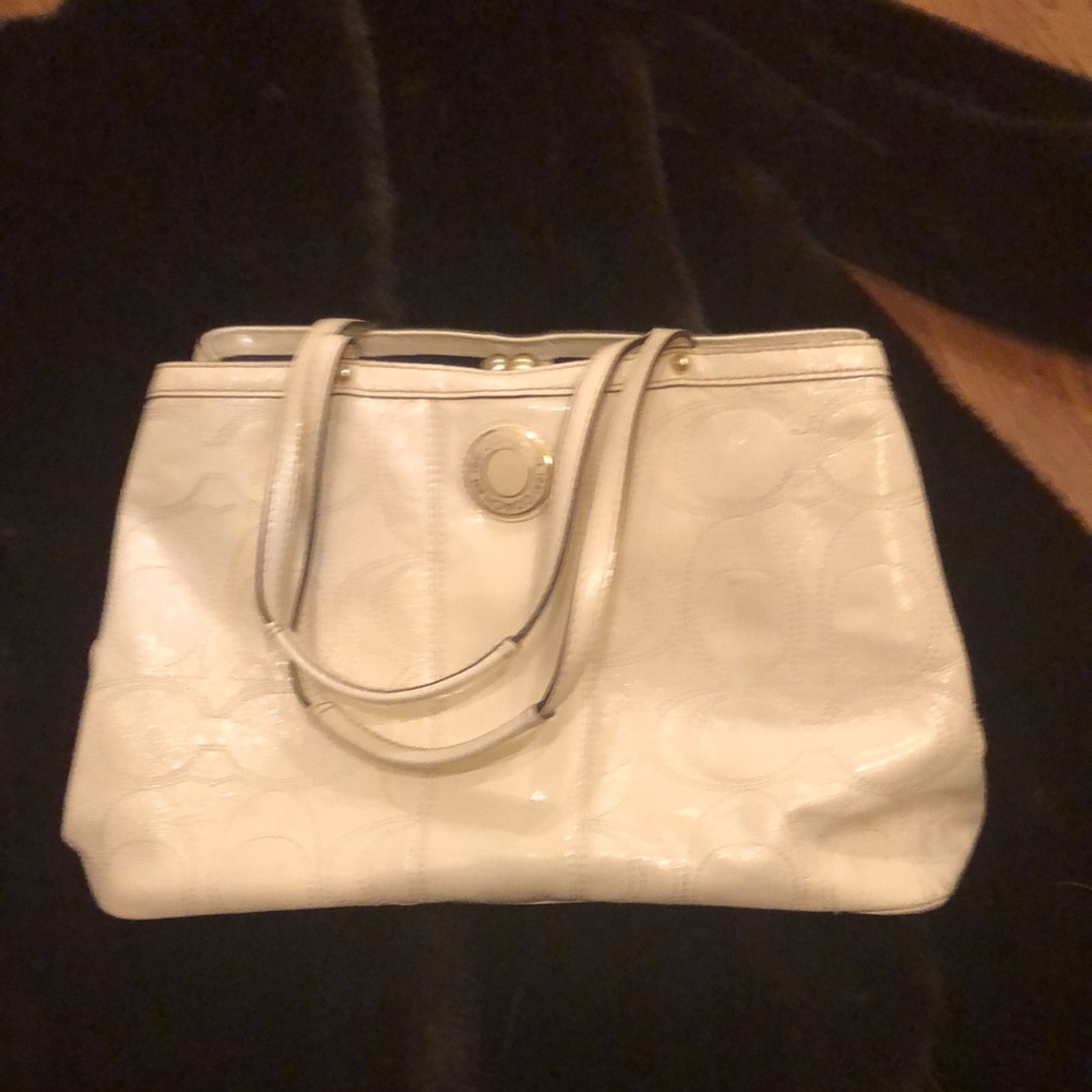 COACH Signature Stitch Patent Leather Cream Kisslock Tote Shoulder 1941